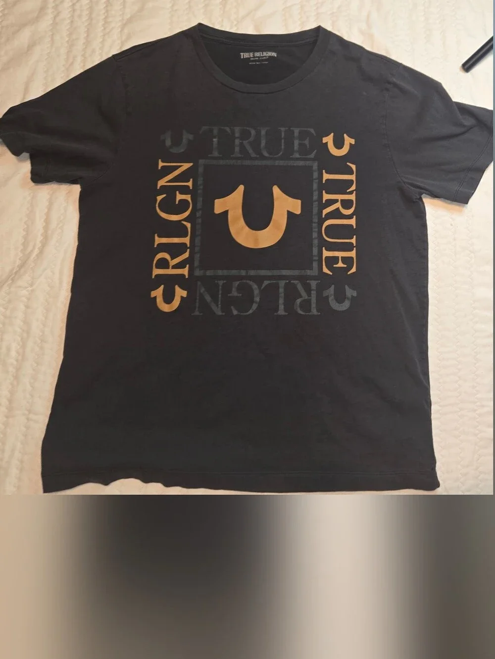 True Religion Black Tee with Gold Graphic Logo
